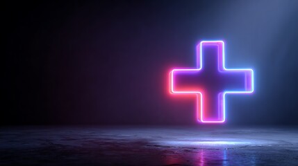 Neon plus sign illuminated in a dark space, creating a vibrant tech-inspired atmosphere.