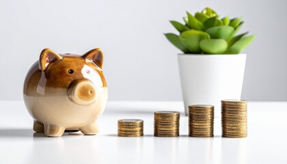 ceramic piggy bank with increasing coin stacks and succulent plant, financial growth and savings concept