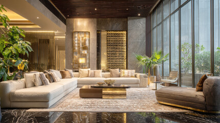 Obraz premium Opulent and modern hotel lobby or luxury apartment living room interior design with large sectional sofa, marble floor, and floor-to-ceiling windows. High-end architecture