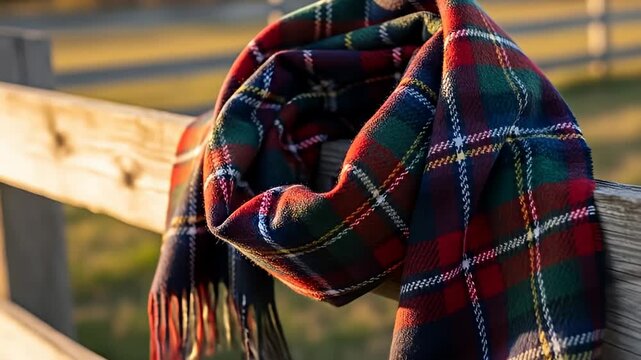 A cozy plaid scarf draped over a rustic wooden fence in the warm glow of sunset.