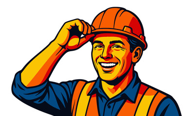 Fototapeta premium happy male construction worker tipping his orange hard hat, symbolizing friendliness, safety, and professionalism. Generative ai raster colorful pop art illustration.