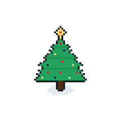 Retro 8-bit decorated pixel Christmas tree icon in vintage game style. Festive pixel graphics perfect for gaming projects and seasonal winter designs.
