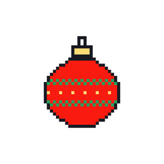 Pixel art Christmas bauble with dotted ornament. Retro 8-bit style holiday decoration featuring festive pixel graphics perfect for gaming projects and seasonal designs.