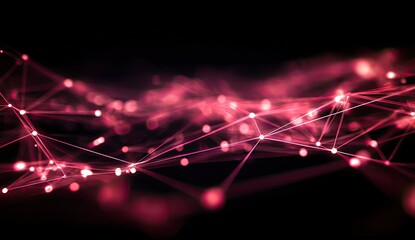 Abstract, glowing digital connections on a dark background, with red and pink colors, conveying the concept of a global network connection technology with light lines.