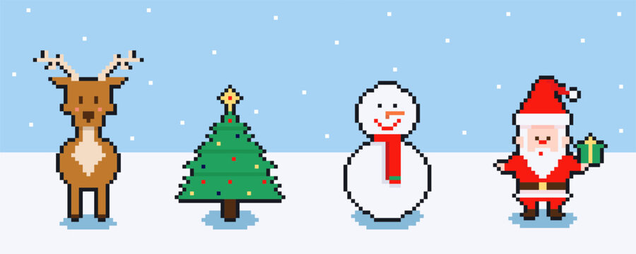 Retro 8-bit pixel Christmas landscape with Santa, reindeer, snowman, and decorated tree in vintage game style featuring holiday icons and snowy winter scene.