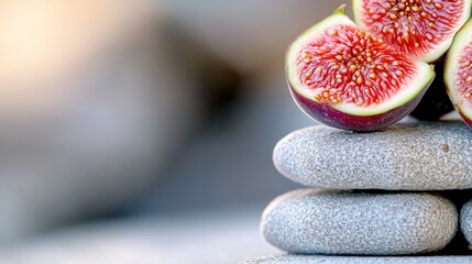 Close up of vibrant ripe figs sliced in half showcasing detailed texture and seeds stacked on smooth grey stones with soft diffused sunlight creating a calming and natural scene