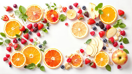 Fresh sliced citrus and mixed berries arranged on white background with apple slices and green leaves, bright healthy breakfast scene