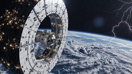 Futuristic rotating space station ring orbiting planet Earth with lightning storms in the atmosphere - Powered by Adobe