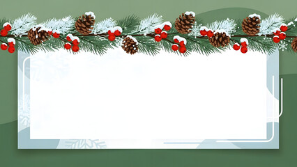 Illustrated Christmas Frame Template with Pine Cones, Frosted Branches, and Red Berries