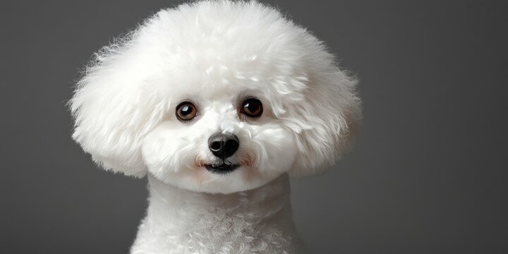 Adorable Bichon Frise Dog Portrait with Expressive Eyes and Affectionate Demeanor on Gray Background