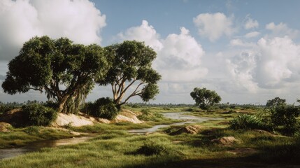 Idyllic Landscape with Lush Greenery, Gentle Stream and Tranquil Atmosphere