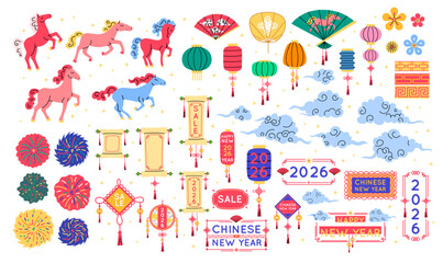 Cartoon Color Chinese New Year Red Fiery Horse Concept Set Include of Traditional Cloud, Lantern, Sale Banner and Decorative Flower. Vector illustration