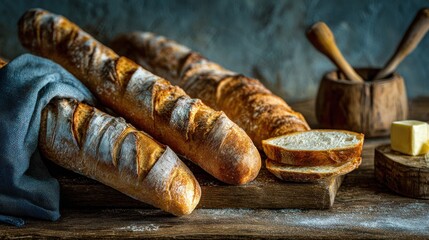 Rustic Baguettes with Sliced Pieces on Wooden Surface, Artistic Still Life