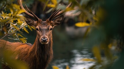 Majestic deer portrait amidst lush foliage with tranquil waters behind it