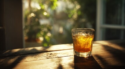 Refreshing Iced Tea on a Weathered Wooden Table in Natural Sunlight