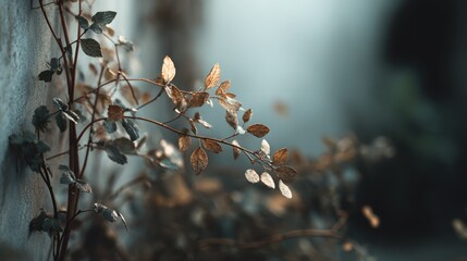 Delicate climber with fading autumn leaves against a textured wall backdrop