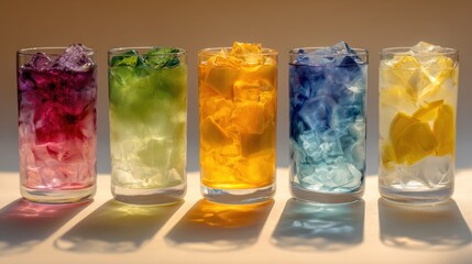 A vibrant spectrum of refreshing beverages with vibrant ice cubes in glasses
