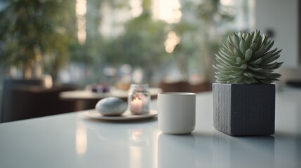 Elegant minimalist interior featuring a succulent plant and candle ambiance