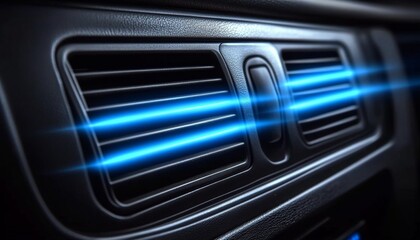 Obraz premium Close-up of Car Interior Air Vent with Cooling Flow and Blue Light Streaks on Dark Console
