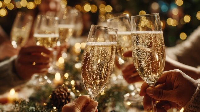 Friends toasting with glasses of sparkling wine during festive holiday celebration at decorated table, bokeh lights background