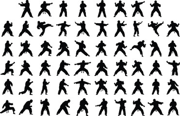 Large Collection of Black Silhouette Karate and Martial Arts Figures in Dynamic Kicking, Punching, and Fighting Stances, Representing Combat Sport and Self-Defense