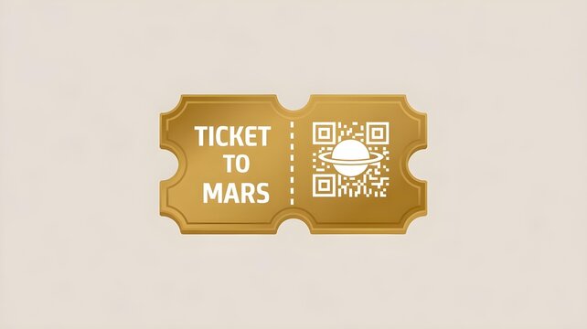 A 3D icon of a golden Ticket to Mars with a QR code and planet hologram.