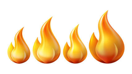 Four cartoon fire flames in a row, orange and yellow isolated - burning elements for design. vector illustration (144 characters)