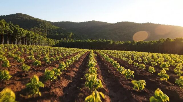 Lush Young Rubber Tree Plantation in Golden Hour Sunlight, Rolling Hills Backdrop