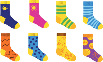 Colorful Patterned Socks Vector Set Featuring Stripes, Sunbursts, Polka Dots, Zigzags, and Swirls in Bright Colors for Fun Fashion Apparel.