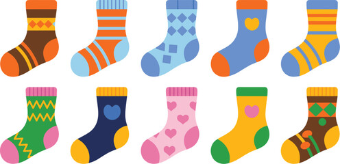 Colorful Patterned Socks Vector Set Featuring Stripes, Hearts, Zigzags, Argyle, and Geometric Designs in Bright Colors for Fun Fashion Apparel.