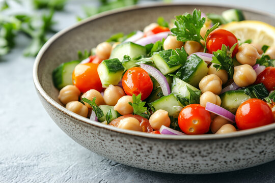 Mediterranean chickpea salad with cherry tomatoes, cucumbers, red onions, and parsley, dressed with olive oil and lemon - Powered by Adobe