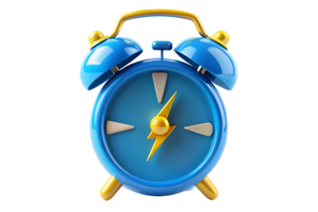 Cartoon alarm clock with a lightning bolt instead of hands, symbolizing an instant event. 3d rendering of a blue and gold retro clock. [144]