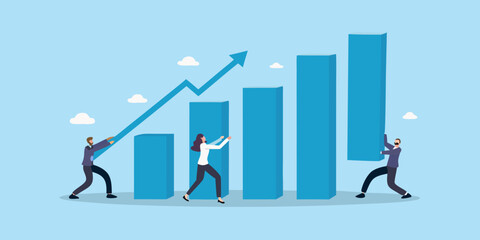 Fototapeta premium Teamwork and collaboration driving business growth and success illustrated with a rising graph