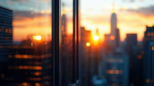 Fototapeta A view of the New York City skyline at sunset, seen through a window. The image has a warm, golden color palette and soft focus.