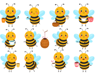 Cartoon cute bee character series with different type of poses, holding coffee,sweet