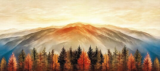 A peaceful autumn forest scene with golden sunlight shining on colorful trees and distant mountains.