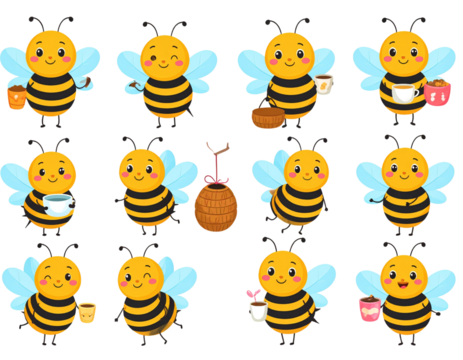 Cartoon cute bee character series with different type of poses, holding coffee,sweet