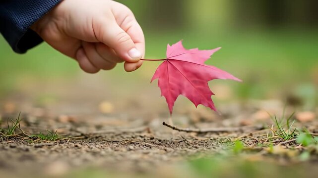 A close-up shot of a hand picking up a vibrant red maple leaf from the forest floor, showcasing the beauty of autumn.