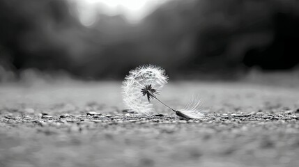 A close-up black and white image of a dandelion seed head resting on a textured ground surface, with a blurred background suggesting an outdoor environment.