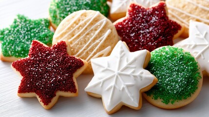 Close-up of a variety of decorated Christmas cookies, including star and round shapes, with colorful sprinkles and icing, on a white surface.