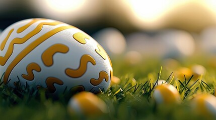 Close-up of a decorated Easter egg with a yellow and white design, resting in green grass, with other eggs and a blurred sunny background.