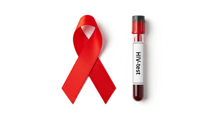 Red ribbon and blood test tube labeled HIV-test isolated on white background