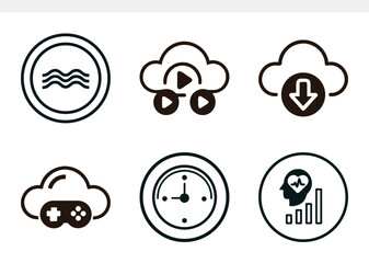 A set of modern line icons depicting various digital and technological concepts water, cloud media streaming, cloud data download, cloud gaming, time, and health monitoring analytics