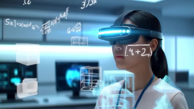Woman using AR headset in lab with math equations, 3D cubes, and screens, for research or education