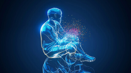 Conceptual 3D illustration of a soccer player with knee pain