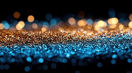 Abstract background with sparkling blue and gold glitter and bokeh on a black background. Festive and celebratory.