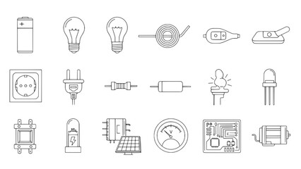 Eighteen Line Art Icons of Electrical and Electronic Components in a Grid