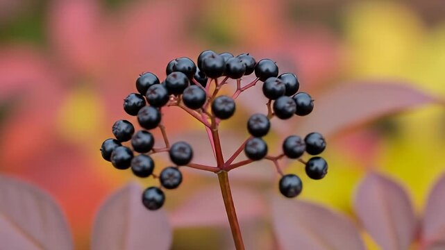 Close-up of dark elderberries on a branch with blurred autumn leaves.