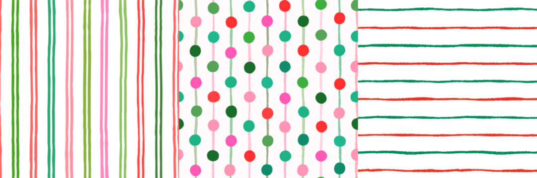 Cute Christmas vector seamless patterns with vertical and horizontal stripes and dots in red, green and pink colors for wrapping paper and backgrounds