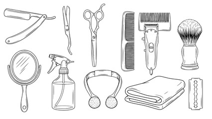 Set of Eleven Black Outline Barber and Hairdressing Tools on White Background